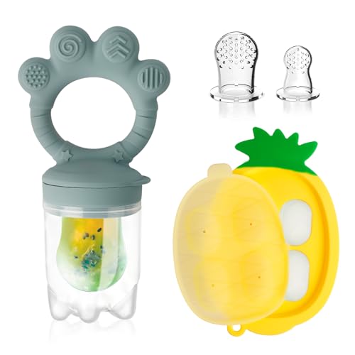 Image of HAOBAOBEI Baby Fruit Food Feeder - Silicone Nibble Tray Combo - Breastmilk Popsicle Mold for Cooling Relief, BPA Free Mesh Feeder for Infant Self Feeding (Claw Blue + Pineapple)