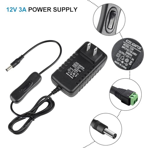Image of 12V Power Supply, 12 Volt 3A 36W DC Power Supply with On Off Switch, Black Switching LED Power Adapter, AC 110V to 12V Transformer Plug for LED Strip Lights with 5.5 /2.1 DC Female Connector, 3 Pack