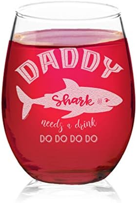 Veracco Daddy Shark Needs a Drink Stemless Wine Glass Funny Shark Gifts For Dad Papa (Clear, Glass)