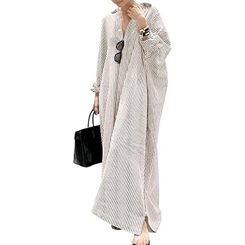 utcoco Womens Striped Long Sleeve Dress Casual Loose Button Down Cotton Maxi Shirt Dress (Small, Khaki) Cover