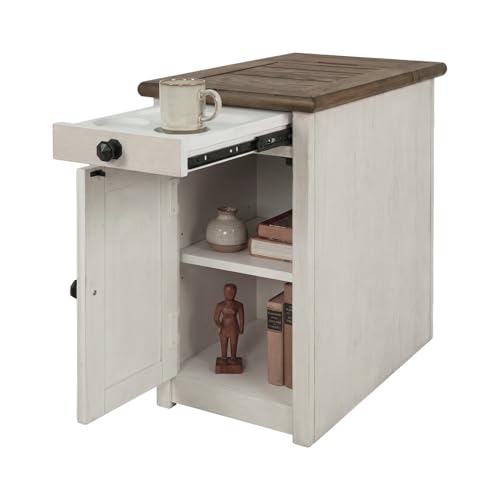 Signature Design by Ashley Bolanburg Farmhouse Chair Side End Table, 2 USB Ports, Pull-out Tray, Wood, 14' W x 24.25' D x 23' H, Antique Cream & Brown