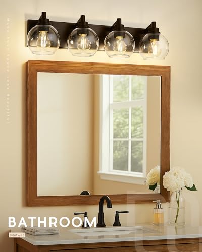Image of 4-Light Bathroom Vanity Light, Oil Rubbed Bronze, Clear Globe Glass | 26 inch ORB vanity light for 32-42 inches mirrors, clear globe glass shades, E26 base, hardwired, up /down mount, VL195-ORB-4