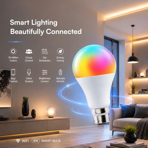 Image of 9W B22 WiFi Smart LED Bulb, 16 Million RGB Colours, Warm White, Neutral White, Cool White, Music Sync, App Control, Compatible with Alexa, Google Assistant, Dimmable Smart Light