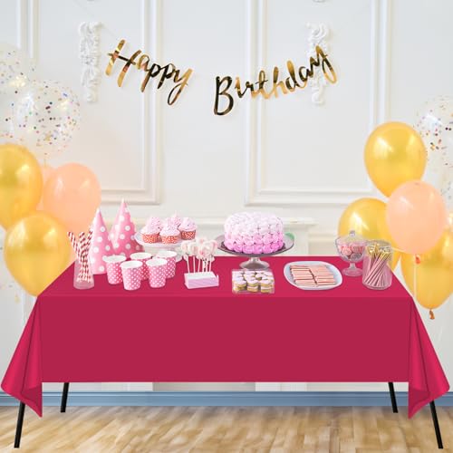 Image of WNINK 2 Pack Bright Red Plastic Tablecloth Disposable Table Covers 54 inch x 108 inch Table Cloths for Bridal Shower Engagement Wedding Birthday Picnic Parties