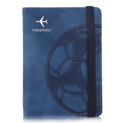 Passport Holder and Card Slot Combo RFID Blocking Leather Personalized Travel Passport Wallet for Men and Women US Passport Cover Protector (Soccer blue)