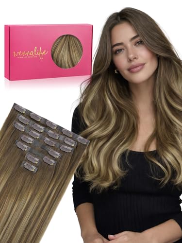 WENNALIFE Seamless Clip in Hair Extensions Real Human Hair, 24 Inch 140g Balayage Chocolate Brown to Caramel Blonde Invisible PU Skin Weft, Natural Thick Soft Real Hair Clip Ins for Women