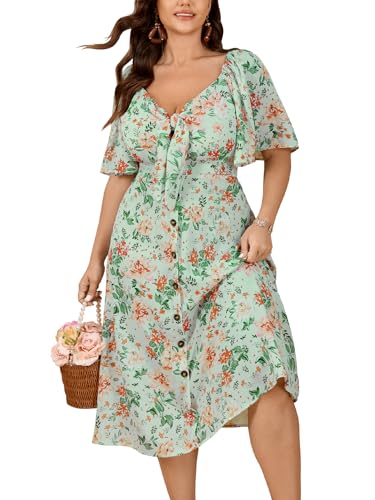 Image of SCOMCHIC Plus Size Summer Dress Casual Short Sleeve Bow Tie Deep V Neck Smocked Button Down Midi Flowy A-line Boho Dresses