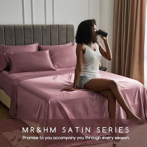 Image of MR&HM Satin Bed Sheets, King Size Sheets Set, 4 Pcs Silky Bedding Set with 15 Inches Deep Pocket for Mattress (King, Rose Taupe)