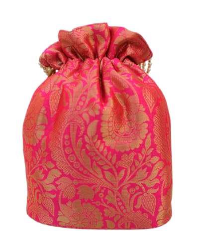 Image of MILAN'S CREATION Banarasi Silk Brocade Potli Bag Purse With Base Drawstring Women's handbag with Pearl Handle & Tassel Weddings
