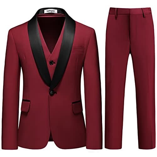 Image of Boy Suits 3 Piece Slim Fit Formal Suit Set with Tuxedo Jacket Vest Pants for Kids Wedding Ring Bearer Party