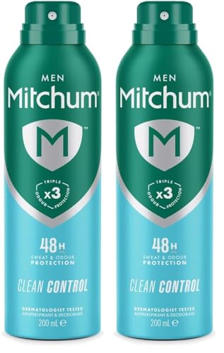 Image of Mitchum Men Triple Odor Defense 48HR Protection Deodorant Spray & Antiperspirant (200ml) Clean Control, Dermatologist Tested (Pack of 2)