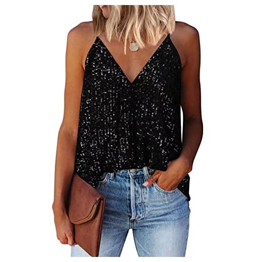 miduo Women's Tank Tops Casual Fashion Spring Sequin V Neck Straps Tanks Tops Camisole Shirts Tops Blouses Tanks for Holiday Clubwear Black M