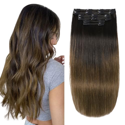 XDhair Extension Cheveux Naturel Clip, 35cm 100g 6pcs Extention de Cheveux Humains Vrai Cheveux, Extension a Clip Cheveux Naturel,Noir Naturel Mélangé à...