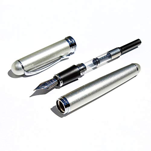 Writers Pens Jinhao X750 Silver Color Fountain Pen Set - Black Velvet Sleeve, 10 Black Ink Cartridges - Medium Nib, Silver Color Barrel With Silver Trims, Removable Ink Converter #TOP2