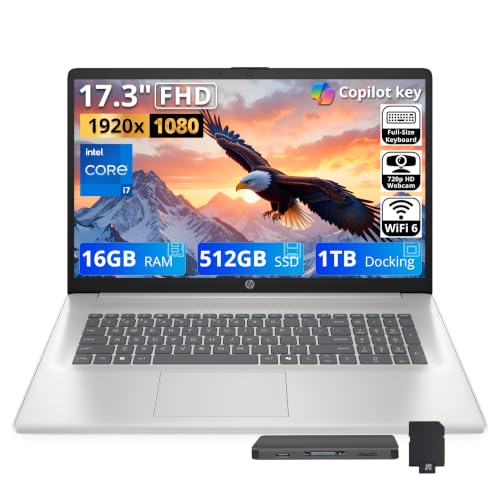 Image of HP 17.3 inch FHD Business Laptop, Intel i7-1355U, 16GB RAM, 1.5TB Storage (512GB SSD+1TB Docking Station Set), Intel UHD Graphics, Numeric Keypad, Copilot, Wi-Fi 6, 720p HD Webcam, Win 11, Silver