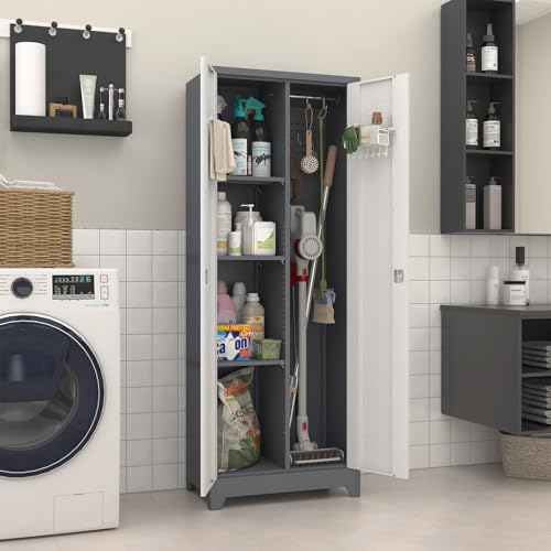 Image of Broom Storage Cabinet, Metal Utility Storage Cabinet with Hanging Rail, 65 inch Tall Cleaning Tool Organizer with Shelves and Doors, Cleaning Storage for Home, Garage, Office, Balcony