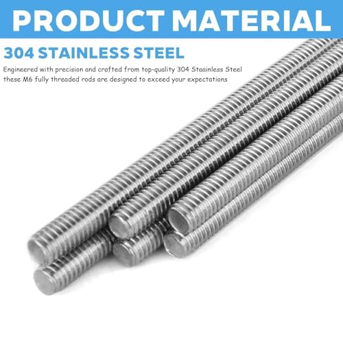 Eulihent 6 Stück Gewindestange M6 x 300 mm Gewindestangen 304 Edelstahl Vollgewindestange 1mm Steigung Stahlstange M6 Gewindebolzen Metrisch Gewindestab Festigkeitsklasse A2-70,DIN 975 (Silber)