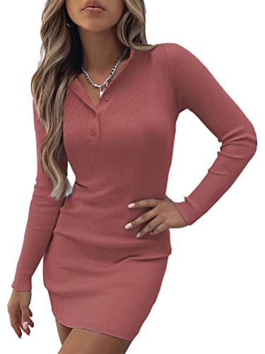 shownicer Vestido de Punto Mujer Invierno Manga Larga Cuello en V Mini Vestido de Punto Casual Elegante Solo Color Slim Fit Vestidos Corto A Rojo XL Cover