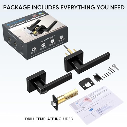 TICONN 5PK Matte Black Door Handles Interior, Reversible Square Door Levers Knob for Hallway, Bedroom, Bathroom (with Lock, 5PK Privacy) - Thumbnail 3