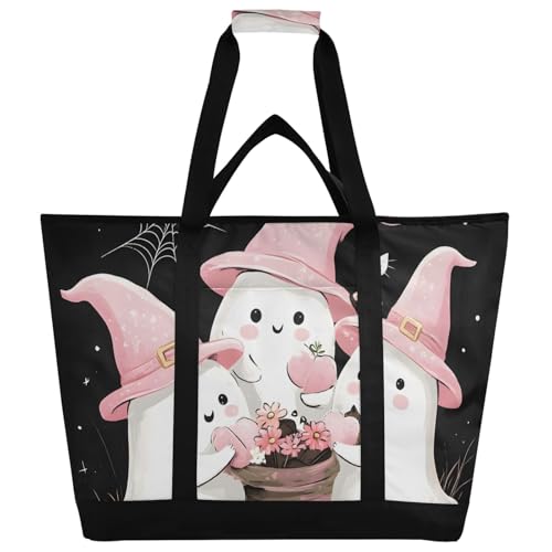 Bolsa térmica aislada con bonitos fantasmas con sombreros rosados, plegable, reutilizable, para alimentos