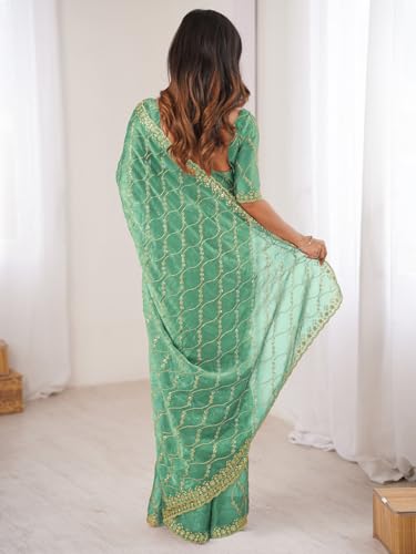 Image of AKHILAM Women's Shimmer Chiffon Heavy Sequence Embroidery Work Saree With Unstitched Blouse Piece (VT798A VM Parent)