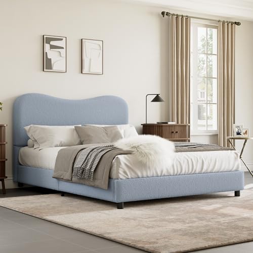 GarveeHome Full Size Bed Frame for Kids with Velvet Upholstered Headboard, Cute Low Profile Platform Bed for Girls and Boys, No Box Spring Needed, Strong Wooden Slats, Noise Free, Easy Assembly, Blue