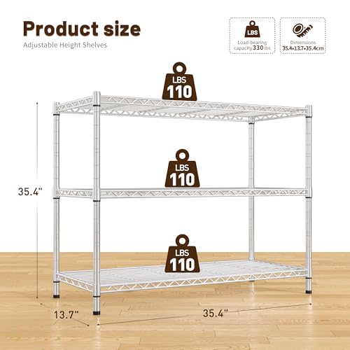 Image of 3- Shelf Metal Shelving Unit 35.6Wx14Dx36H,Adjustable Storage Shelves Heavy Duty Garage Steel Shelving for Office,Wire Rack Small Shelf for Kitchen Shelves Laundry Bathroom Pantry Closet,Chrome,2pc