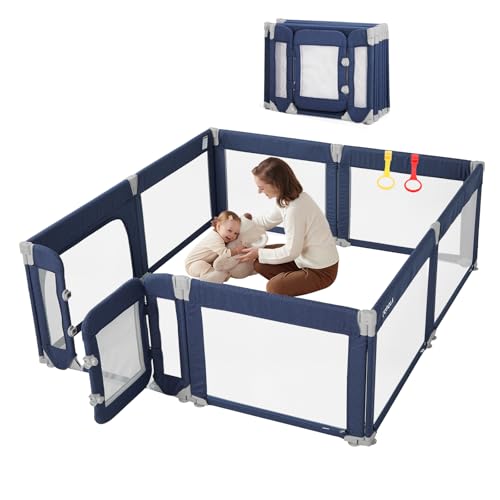 Image of Large Baby Playpen for Babies and Toddlers 79x71 Inch, Adjustable Foldable Indoor & Outdoor Play Pen for Toddlers Twins Baby Fence Play Yards with Breathable Mesh Anti-Fall Playpen,Blue