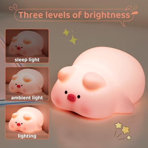 Luz noturna de porco para crianças, luminária fofa de porquinho de silicone, porquinho regulável, lâ