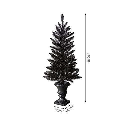 Glitzhome 4 Ft Pre-Lit Scary Black Halloween Tree For Porch Decor, Lighted Artificial Pine Tree For Entrances, Artificial Urn Potted Porch Halloween Tree With 100 Orange Led Lights For Home Ghost Day #TOP2