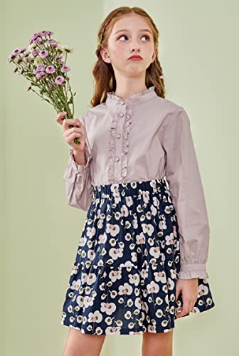 SOLOCOTE Girls White Blouse Ruffle Long Sleeve Button Down Shirts Princess Cotton Loose Soft Tops Spring and Summer, 190903 7-8 Lightpurple