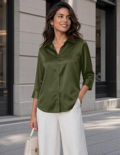 Image of Zeagoo Womens Satin Blouses Button Down Shirts 3 /4 Sleeve Dressy Tops S-2XL
