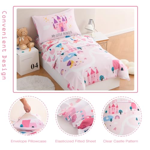 Image of PERFEMET 4 Pcs Twin Bedding Set for Girls Pink Castle Kids Bed in A Bag Comforter Set Ultra Soft Reversible Fairy Tales Themed Bedding Comforter with Sheet Set for All Seasons(Pink, Castle)