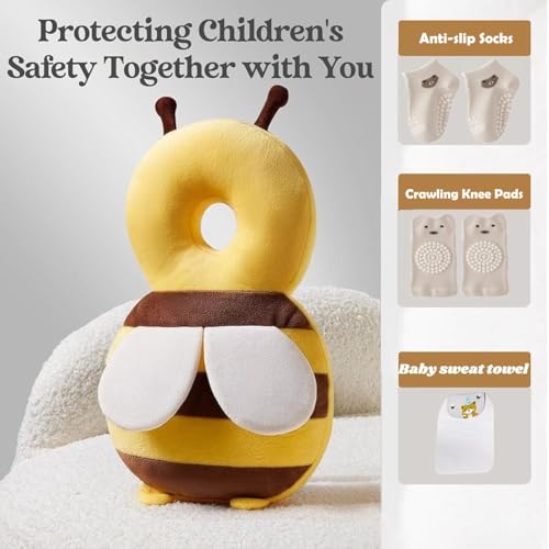Baby Head Protector Backpack, Toddler Baby Head Protection Backpack with Baby Knee Pads Alarm Function for Walking & Crawling, Soft, Breathable and Wearing Safety Baby Head Protector - Yellow Bee — view 5