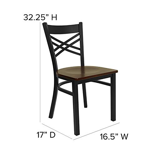 Image of Flash Furniture HERCULES Series Black ''X'' Back Metal Restaurant Chair - Mahogany Wood Seat