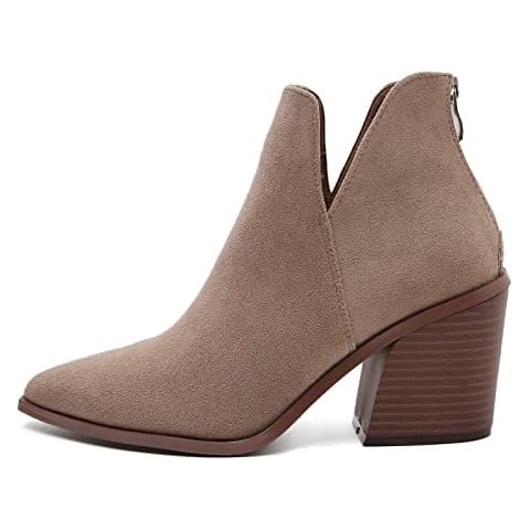 fereshte Womens Ankle Boots Cutout Pointed Toe Chunky Stacked Mid Heel Booties, Tan, 5.5 Cover