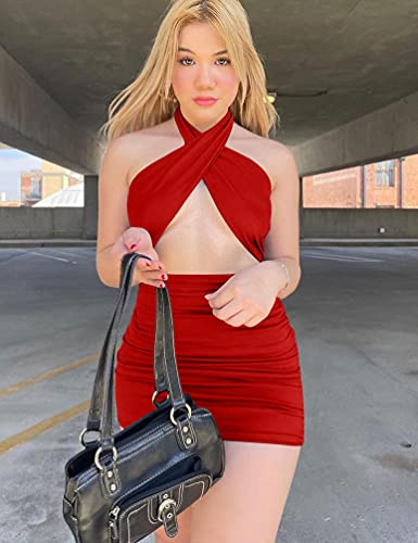 Women's Sexy Ruched Bodycon Halter Criss Cross Cut Out Backless Mini Club Party Dresses, Medium, Red #TOP5