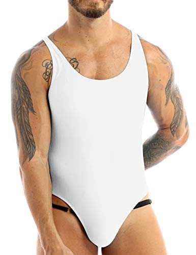 Hularka Men's One-Piece High Cut Thong Bodysuit Wrestling Singlet Leotard Mankini Swimsuit Underwear White Large #TOP1