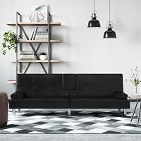 Tonture Canapé-lit en Similicuir Noir avec Porte-gobelets, Dimensions 200x89x70 cm, Convertible avec Coussins 