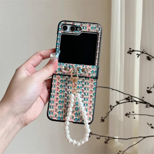 Coque Galaxy Z Flip7 rigide avec motif tissé et chaîne perles