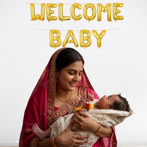 Image of Welcome Baby Banner Gold for Boy Girl Home Foil Balloon Decoration Decor Celebration Golden