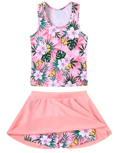 Vogseek 7-12T - Traje de baño de 2 piezas sin mangas para niñas con pantalones cortos y falda, Rosado (Carnation Pink), 7-8 años
