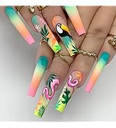SIXDIAN Summer Press on Nails Long Coffin Fake Nails with Leaf Snake Birds Design Glossy Acrylic ...