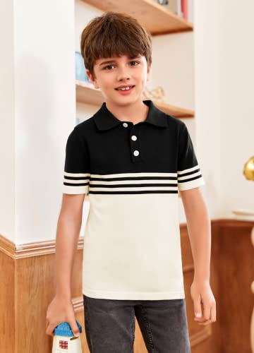 Coutgo Boys' Short Sleeve Knit Polo Shirt, Fashion Striped Polo, Kids Teens School Uniform T-Shirts Black #TOP2