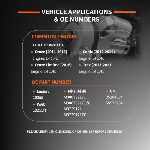 Starter Motor Compatible con Chevrolet Cruze 11-15, Cruze Limited 2016, Sonic 12-20, Trax 13-21, 1.4L L4 Reemplazo 19255N,19255,M000T39171,25194634,55576954 miniatura 3