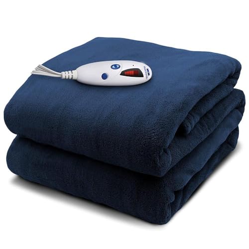 Pure Warmth Microplush Electric Heated Warming Throw Blanket Navy Blue Washable Auto Shut Off 6 Heat Settings