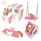 4Pcs Hamster Toys Set, Dwarf Hamster House DIY Wooden Gerbil Hideout, Swing & Seesaw, Pet Sport...