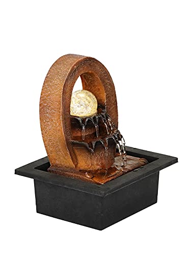 Image of INDIANA CRAFT Polyresin Brown Designer Oval Table Top Indoor 2 Steps Waterfall Fountain with Yellow LED Lights, Water Flow Controller Pump and Crystal Ball (Size: 25 x 21 x 18.5CM | Weight: 1180grm)