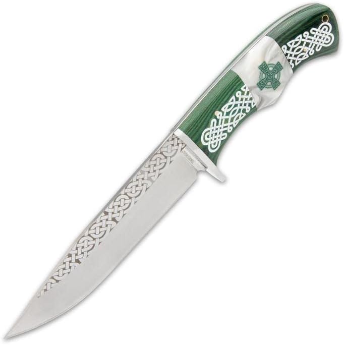 Timber Wolf Celtic Legend - Cuchillo de hoja fija con vaina, hoja de acero inoxidable 3CR13, mango de madera verde Kelly, protector de acero