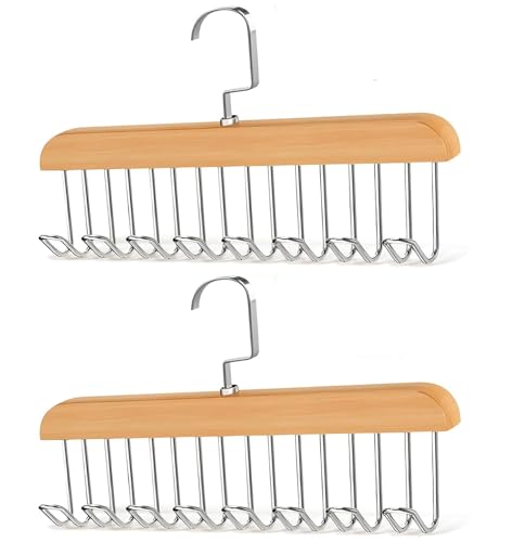 BOBOZHONG Wooden Belt Hanger for Closet, 2 Pack with 8 Hooks, Anti Slip, Polished Brown Finish
